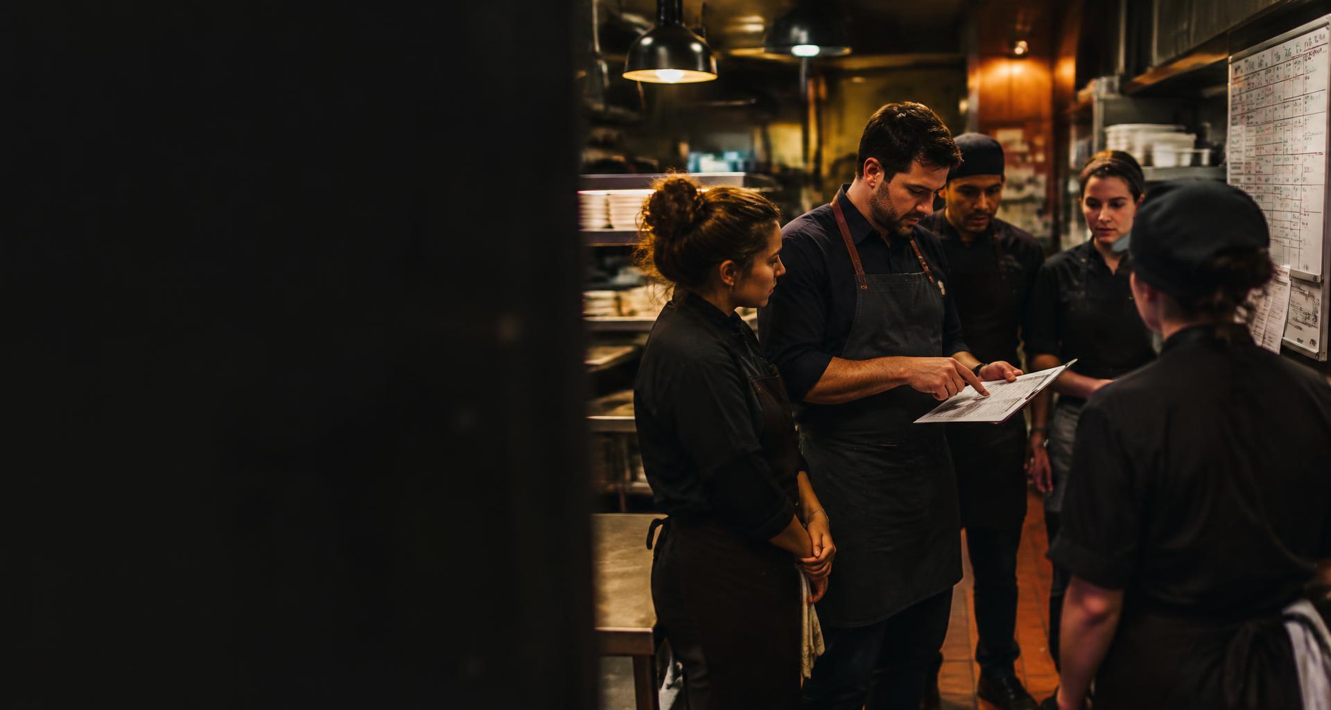 Restaurant manager reviewing a shift standard with the kitchen team